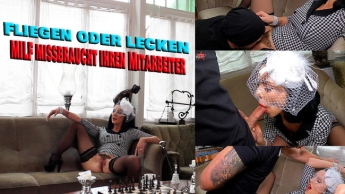 Fliegen oder lecken. Milf missbraucht ihren Mitarbeiter